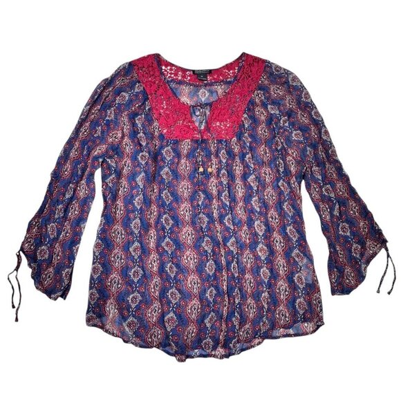 Lucky Brand Boho Peasant Blouse Sz.XL Blue Pink Floral Chiffon Crochet Cottage - Picture 11 of 11